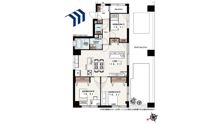 間取り 広々としたLDK14.2帖と3つの居室を備えた3LDKの間取りです。南向きのルーフバルコニーに面しており、日当たり良好です。家族みんながゆったりと暮らせる開放的な空間が魅力です。