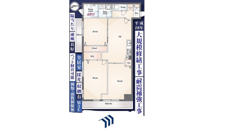 間取り 南向きバルコニーから光が差し込む明るい3DKです。全居室が独立しており、プライベートな空間をしっかり確保できます。ウォークインクローゼットもあり、荷物の多い方も安心です。