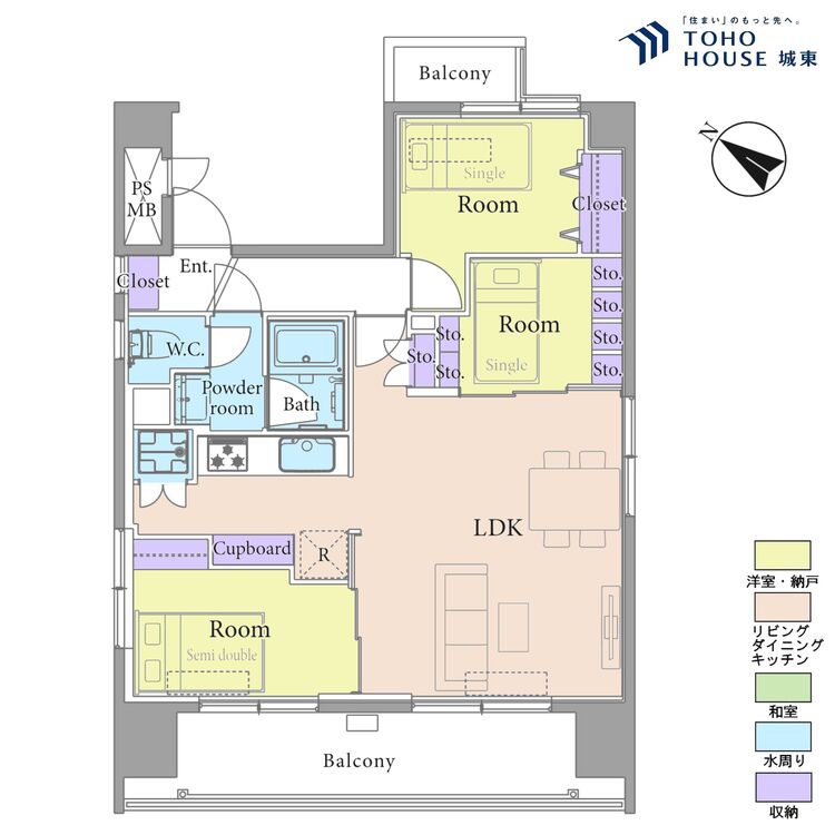 間取り ３ＬＤＫ、専有面積６０．９平米、バルコニー面積１１．６８平米