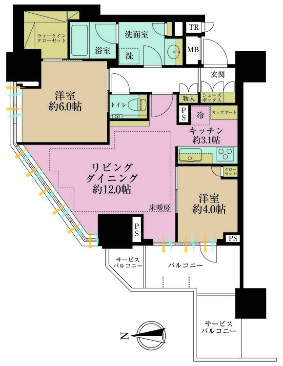 その他 2LDK、専有面積64.14m2、バルコニー面積6.59m2