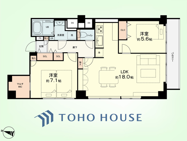 間取り 2LDK+LIN　専有面積70.56平米、バルコニー面積6.39平米