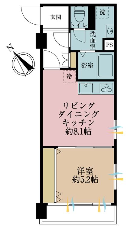間取り 1LDK、専有面積37.91m2、バルコニー面積3.6m2