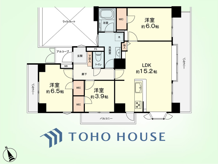 間取り 3LDK　専有面積72.33平米、バルコニー面積19.62平米、アルコープ面積1.96平米
