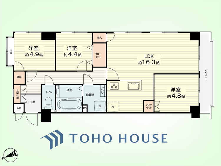 間取り 3LDK　専有面積72.8平米、バルコニー面積6.6平米