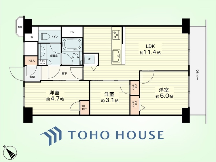間取り 3LDK　専有面積54.00平米、バルコニー面積5.40平米