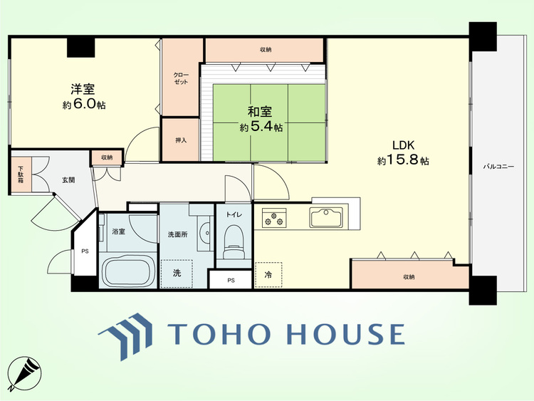 間取り 2LDK　専有面積60.62平米、バルコニー面積7.80平米