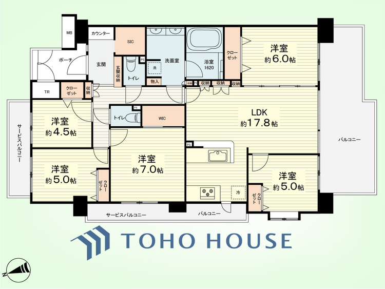 間取り 5LDK+TR　専有面積107.09平米、バルコニー面積30.22平米