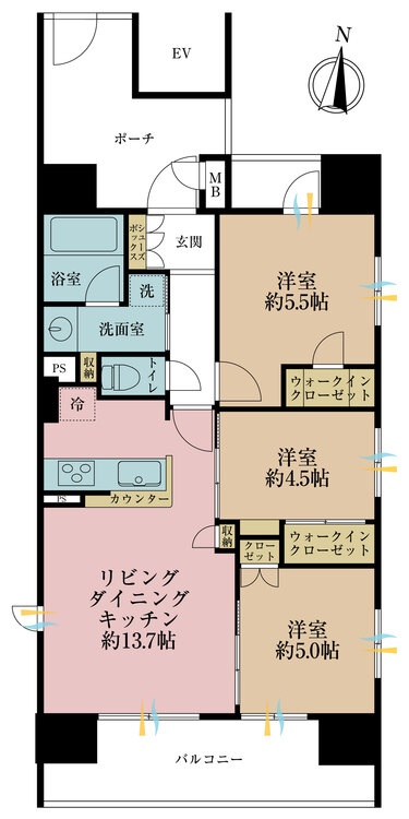 間取り ３ＬＤＫ、専有面積６４．９６平米、バルコニー面積１１．５２平米