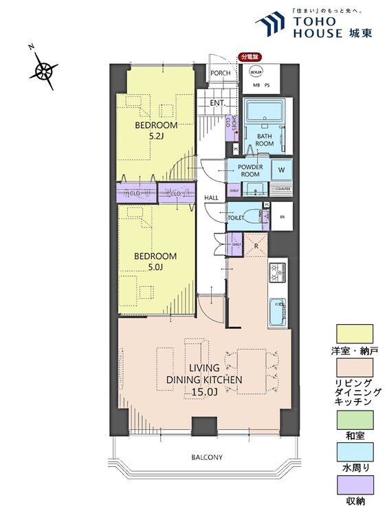 間取り ２ＬＤＫ、専有面積６０．１５平米、バルコニー面積５．３２平米