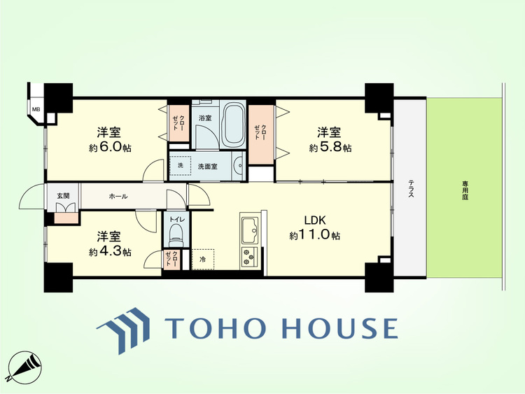 間取り 3LDK　専有面積60.48平米、テラス面積6.32平米、専用庭面積11.2平米