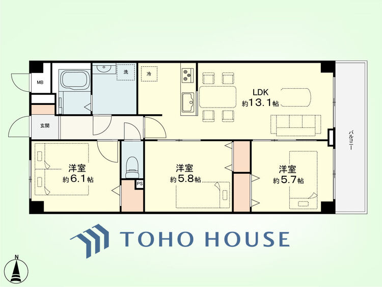 間取り 3LDK　専有面積63.44平米、バルコニー面積6.48平米