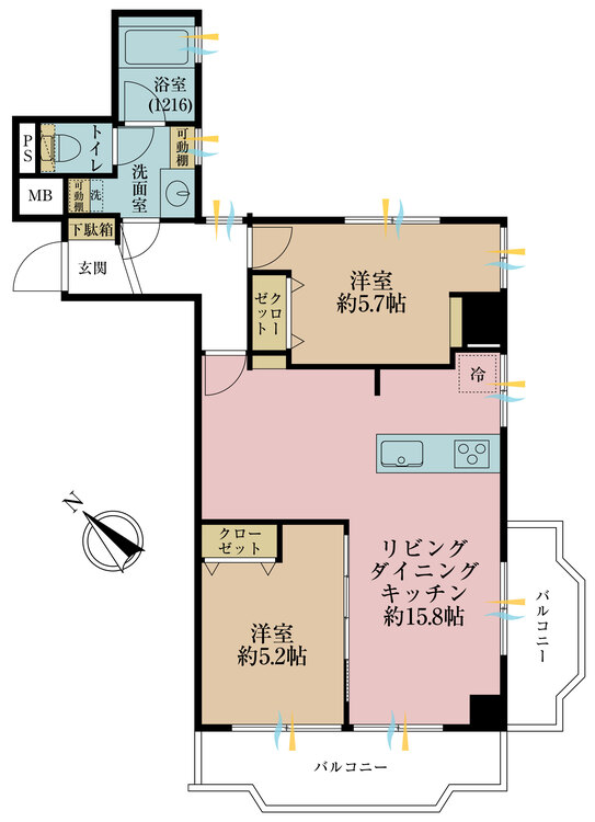 その他 2LDK、専有面積60.01m2、バルコニー面積11.72m2