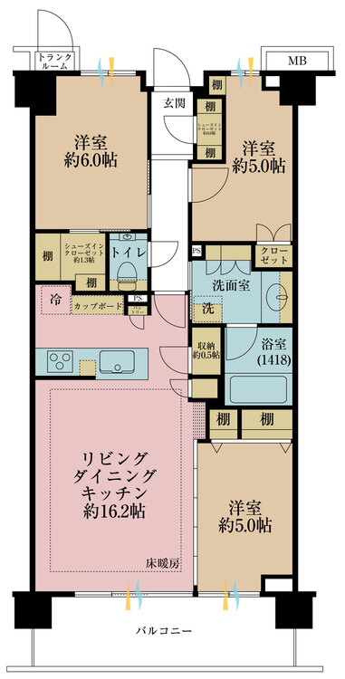 間取り 3LDK、専有面積73.24m2、バルコニー面積12.1m2