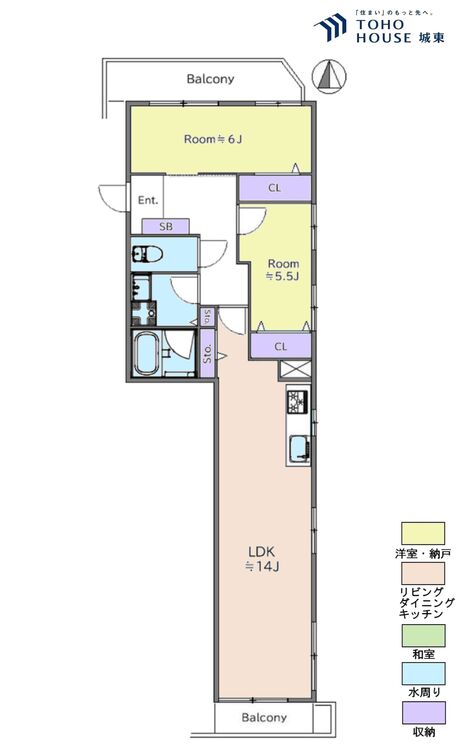 間取り ２ＬＤＫ、専有面積５９．１３平米、バルコニー面積１４．３１平米