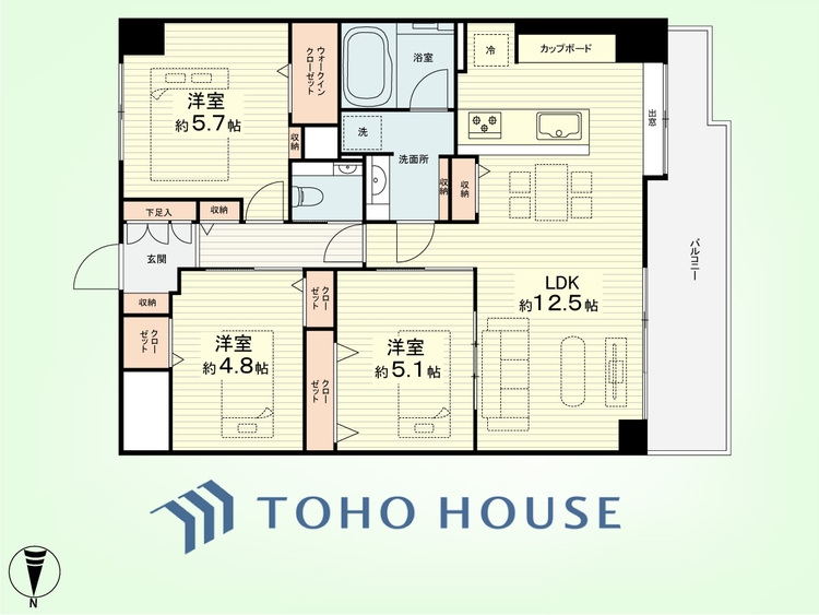 間取り 3LDK　専有面積65.41平米、バルコニー面積10.5平米