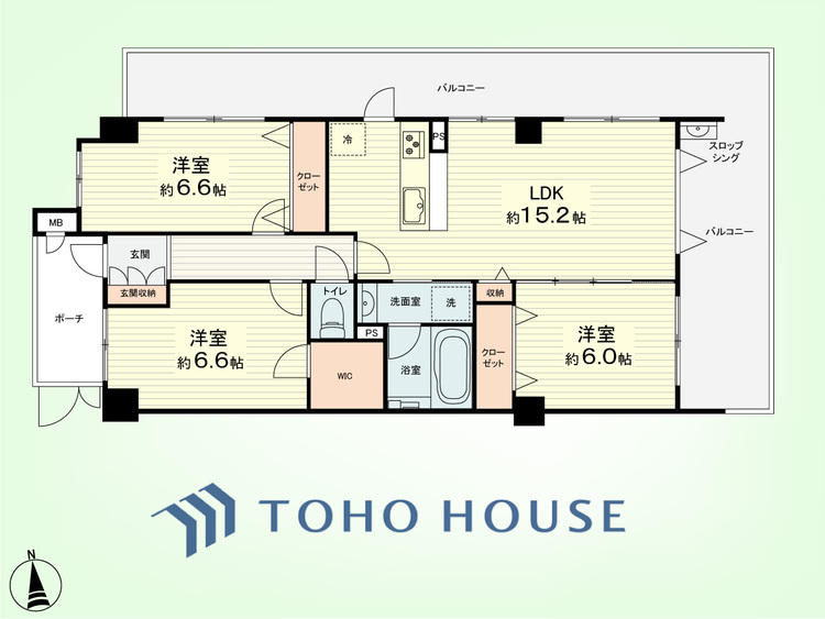 間取り 3LDK　専有面積75.13平米、バルコニー面積32.07平米