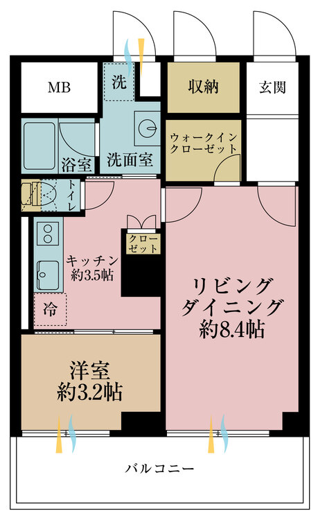 間取り 1LDK、専有面積42.87m2、バルコニー面積8.32m2