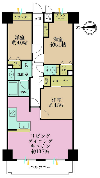 その他 3LDK、専有面積64.8m2、バルコニー面積6.37m2