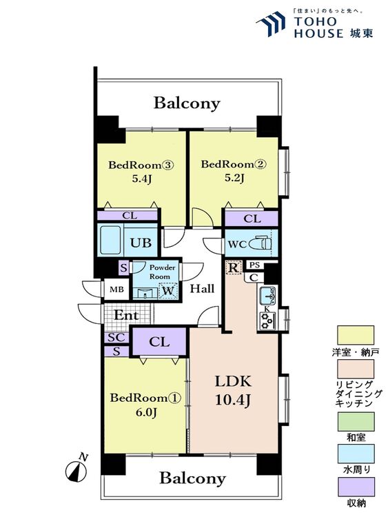 間取り ３ＬＤＫ、専有面積６４．１３平米、バルコニー面積１９．０８平米