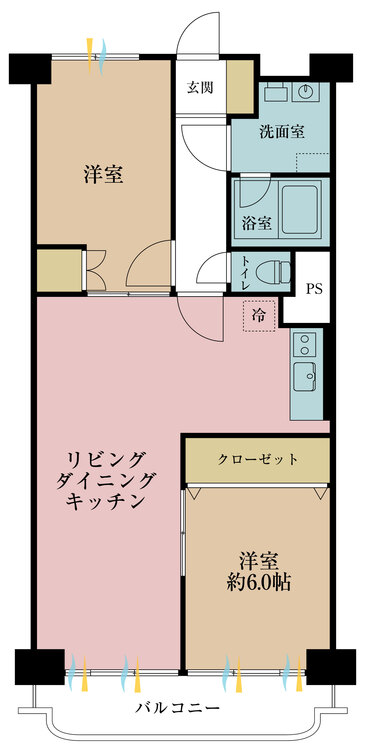 間取り ２ＬＤＫ、専有面積６３．８９平米、バルコニー面積６．３５平米