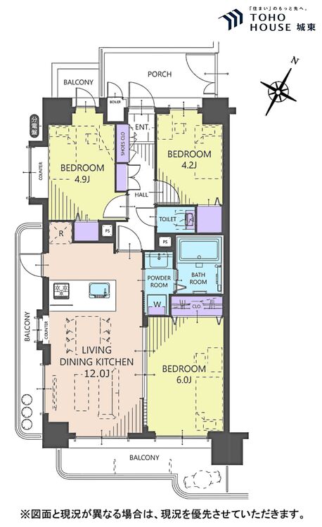 間取り ３ＬＤＫ、専有面積６０．８０平米、バルコニー面積１６．４８平米
