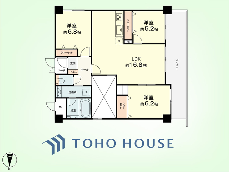 間取り 3LDK　専有面積74.24平米、バルコニー面積15.70平米