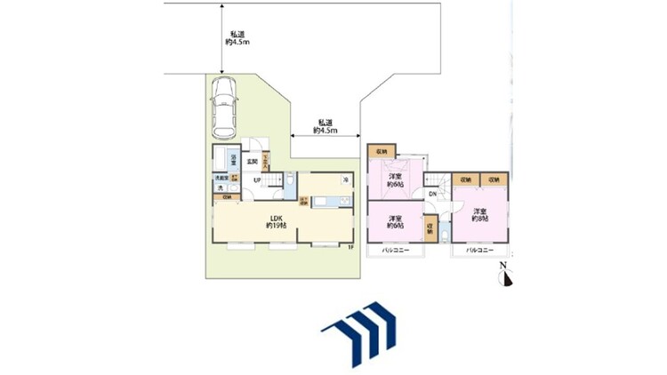 間取り 広々とした約19帖のLDKが魅力の3階建て戸建てです。各居室に収納が完備され、荷物が多いご家族も安心。プライバシーが確保された私道に面しています。
