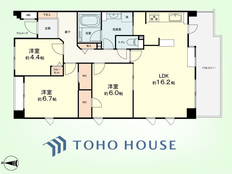 間取り 3LDK　専有面積77.50平米、バルコニー面積11.75平米