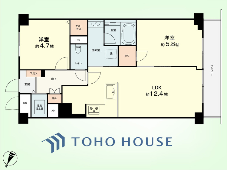 間取り 2LDK　専有面積54.00平米、バルコニー面積5.40平米