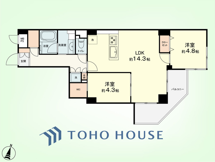 間取り 2LDK　専有面積57.98平米、バルコニー面積7.1平米