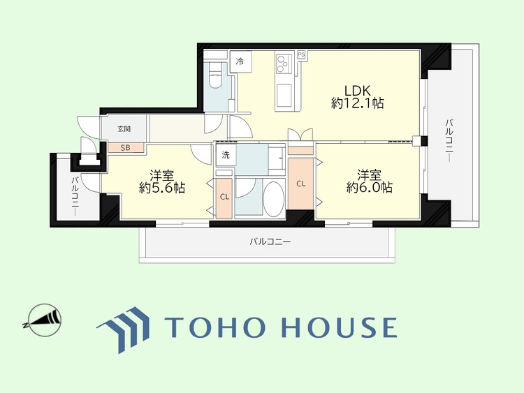 間取り 2LDK　専有面積55.21平米、バルコニー面積25.1平米