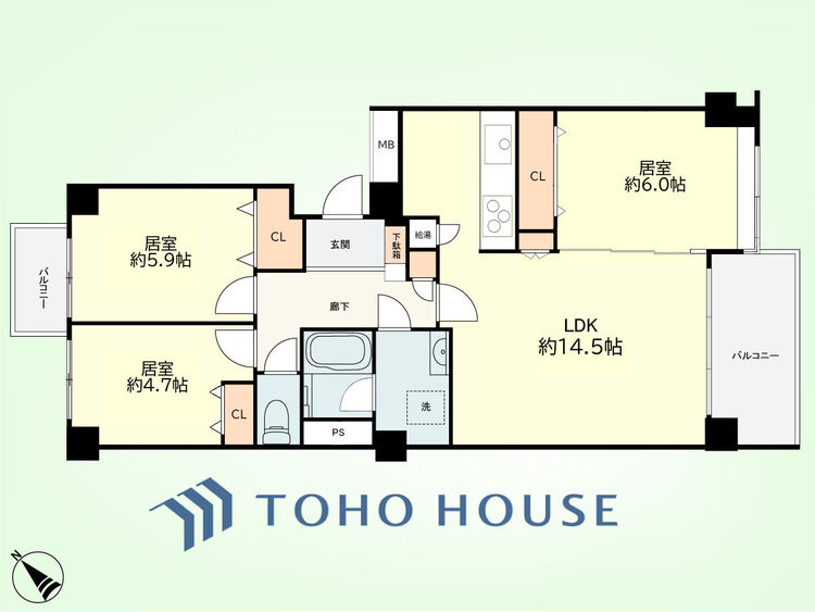 間取り 3LDK　専有面積74.11平米、バルコニー面積8.46平米