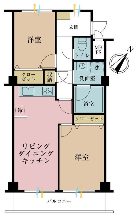 間取り 2LDK、専有面積54.38?、バルコニー面積7.02? 