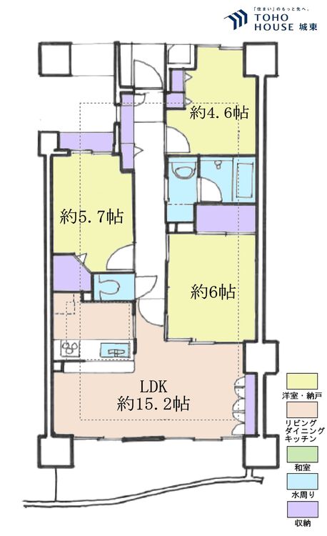 間取り ３ＬＤＫ、専有面積６６．９３平米、バルコニー面積９．８０平米