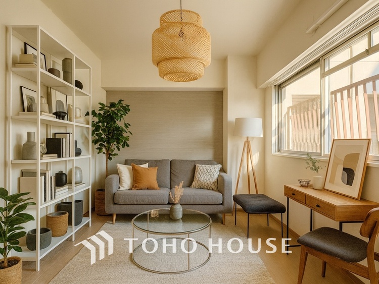 内装 ＊配置してある家具や小物はCGによるイメージ画像です。叶えたかったのは落ち着きのあるナチュラルな風合い、そして開放感があるリビング。優雅な気分に浸れる幸せな時間を家族が自然と集まりたくなるこの空間で。