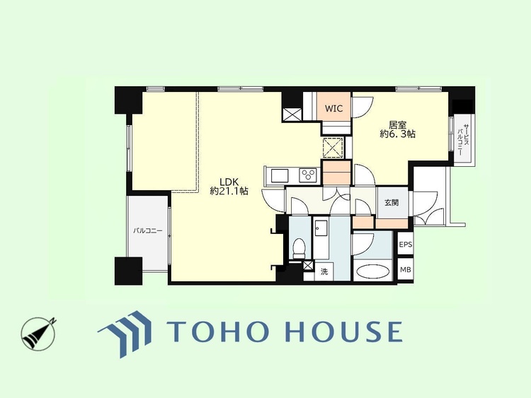 間取り 1LDK　専有面積74.94平米、バルコニー面積4.49平米