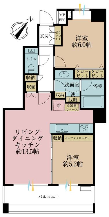 間取り 2LDK、専有面積55.34m2、バルコニー面積9.51m2