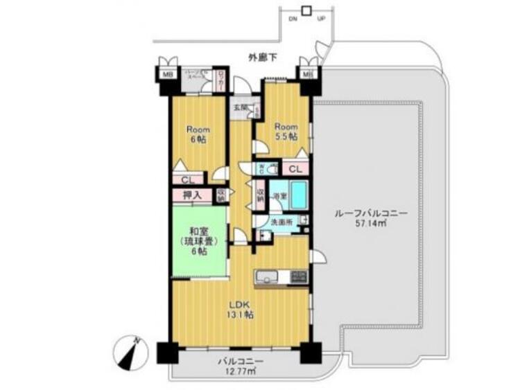 間取り 約57平米の眺望良好、広々ルーフバルコニー付き！