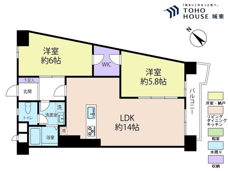 間取り ２ＬＤＫ、専有面積５７．１６平米、バルコニー面積５．６３平米