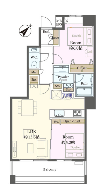 その他 2LDK、専有面積55.34m2、バルコニー面積9.51m2