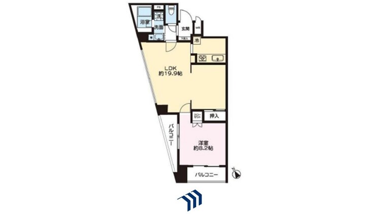 間取り 広々とした約13.9帖のLDKが魅力の1LDKです。二つのバルコニーから光が差し込み、開放感あふれる空間です。廊下部分が少なく、居住空間を有効に活用できます。