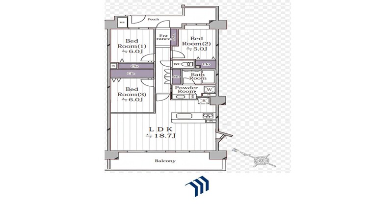 間取り 広々とした約18.7帖のLDKが魅力の3LDKです。廊下部分が少なく、居住空間を最大限に活用。各部屋に収納が完備されており、ゆとりのある暮らしが叶います。