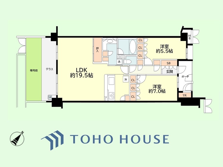 間取り 2LDK+TR　専有面積82.82平米、テラス面積10.55平米、専用庭面積10.91平米