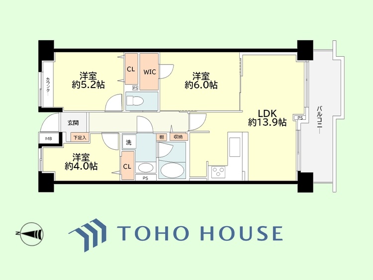 間取り 3LDK　専有面積66.26平米、バルコニー面積8.79平米