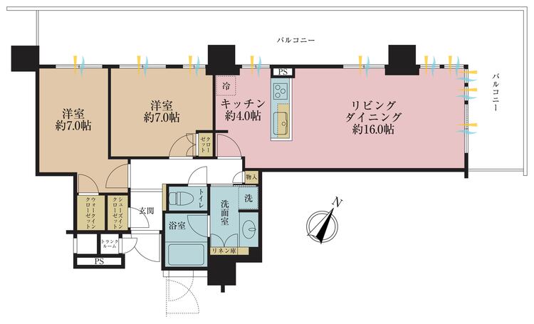 間取り 2LDK、専有面積75.91m2、バルコニー面積42m2