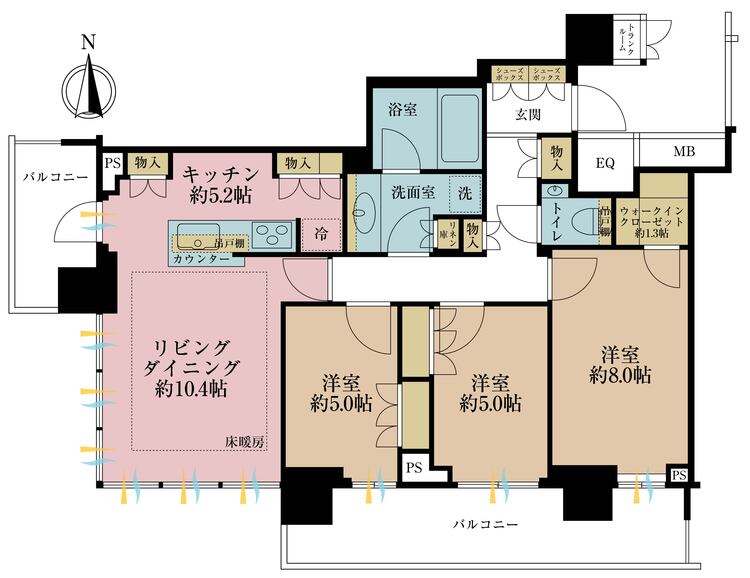 間取り 3LDK、専有面積81.89m2、バルコニー面積17.88m2