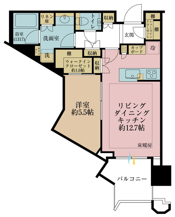 間取り 1LDK、専有面積50.01m2、バルコニー面積5.88m2