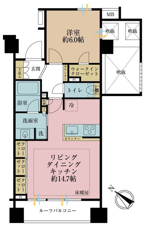間取り 1LDK、専有面積48.7m2、バルコニー面積6.43m2