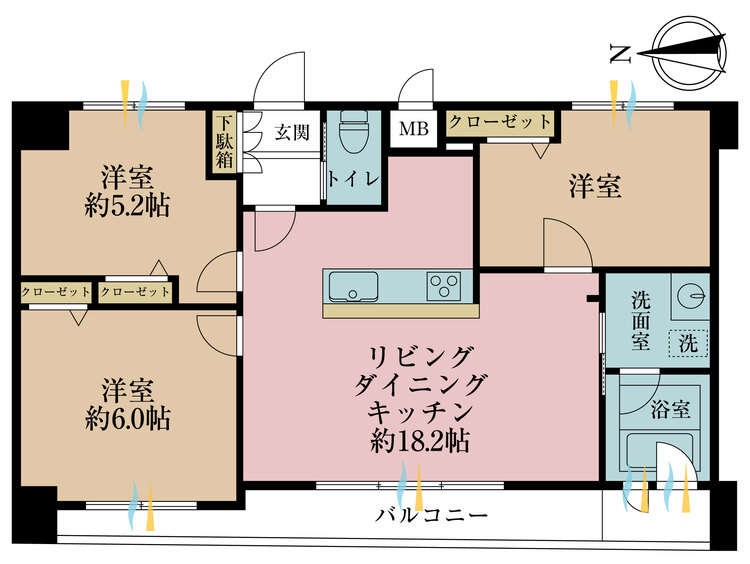 間取り 3LDK、専有面積60.52m2、バルコニー面積9.22m2