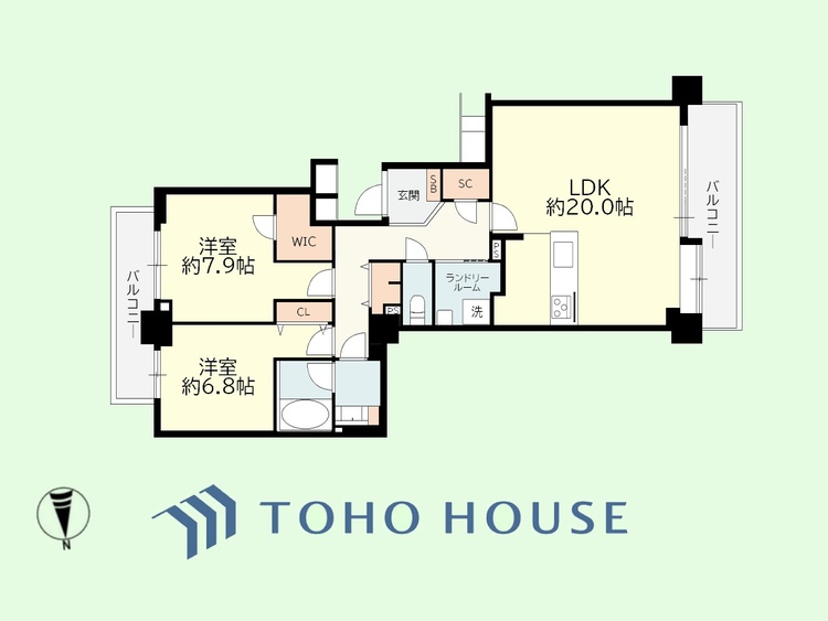 間取り 2LDK+ランドリールーム　専有面積83.62平米